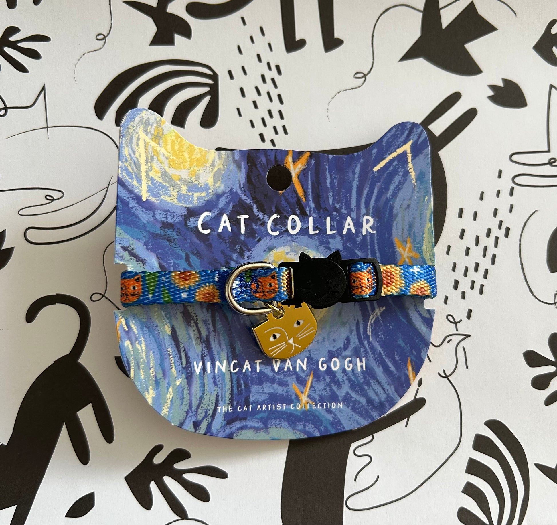 Cat collar with Van Gogh design on a decorative background - Breakaway Buckle